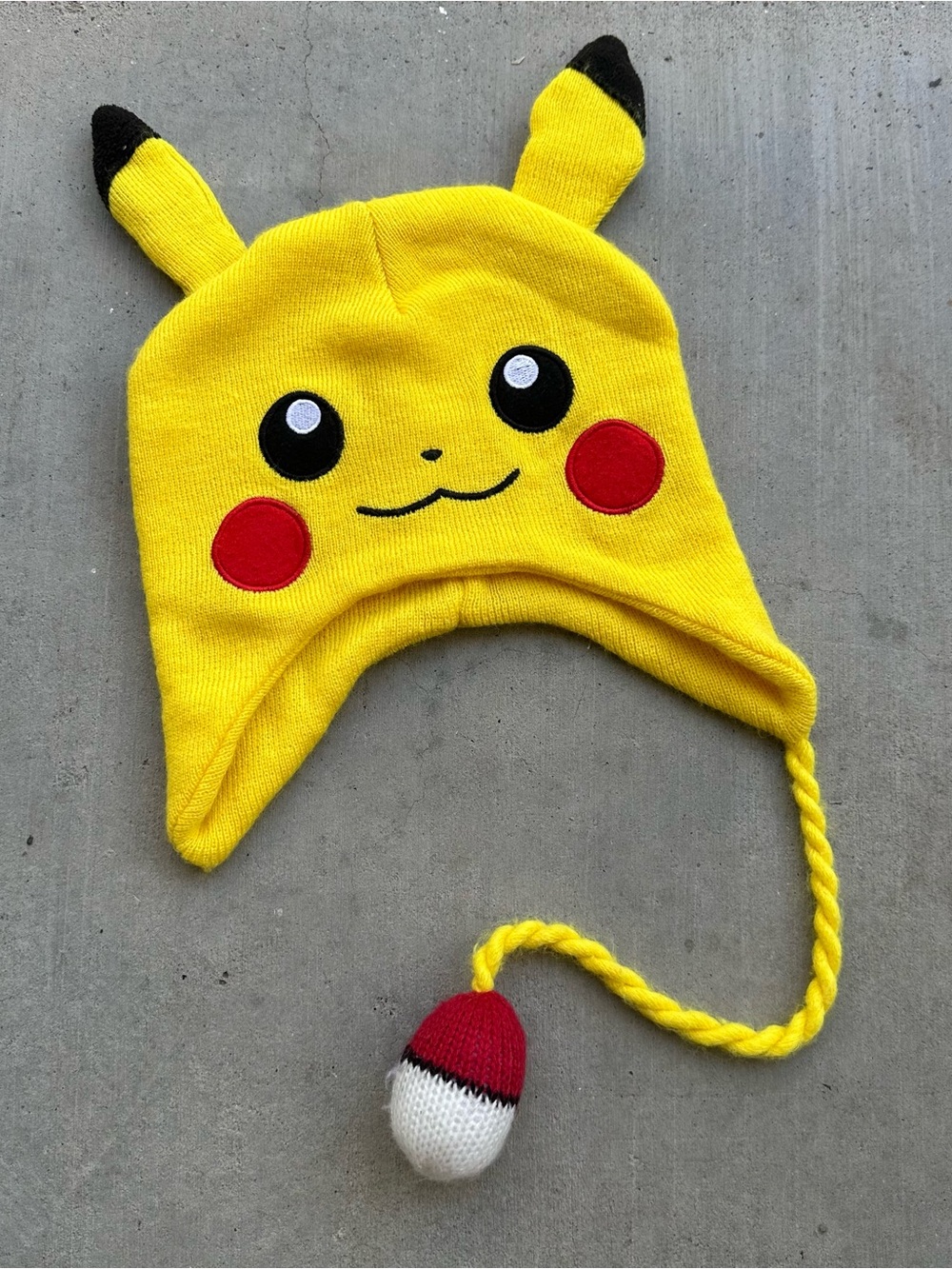 Pokémon Pikachu Yellow Knit Beanie Hat One Size Ear Flap Tassel Pom Pom
